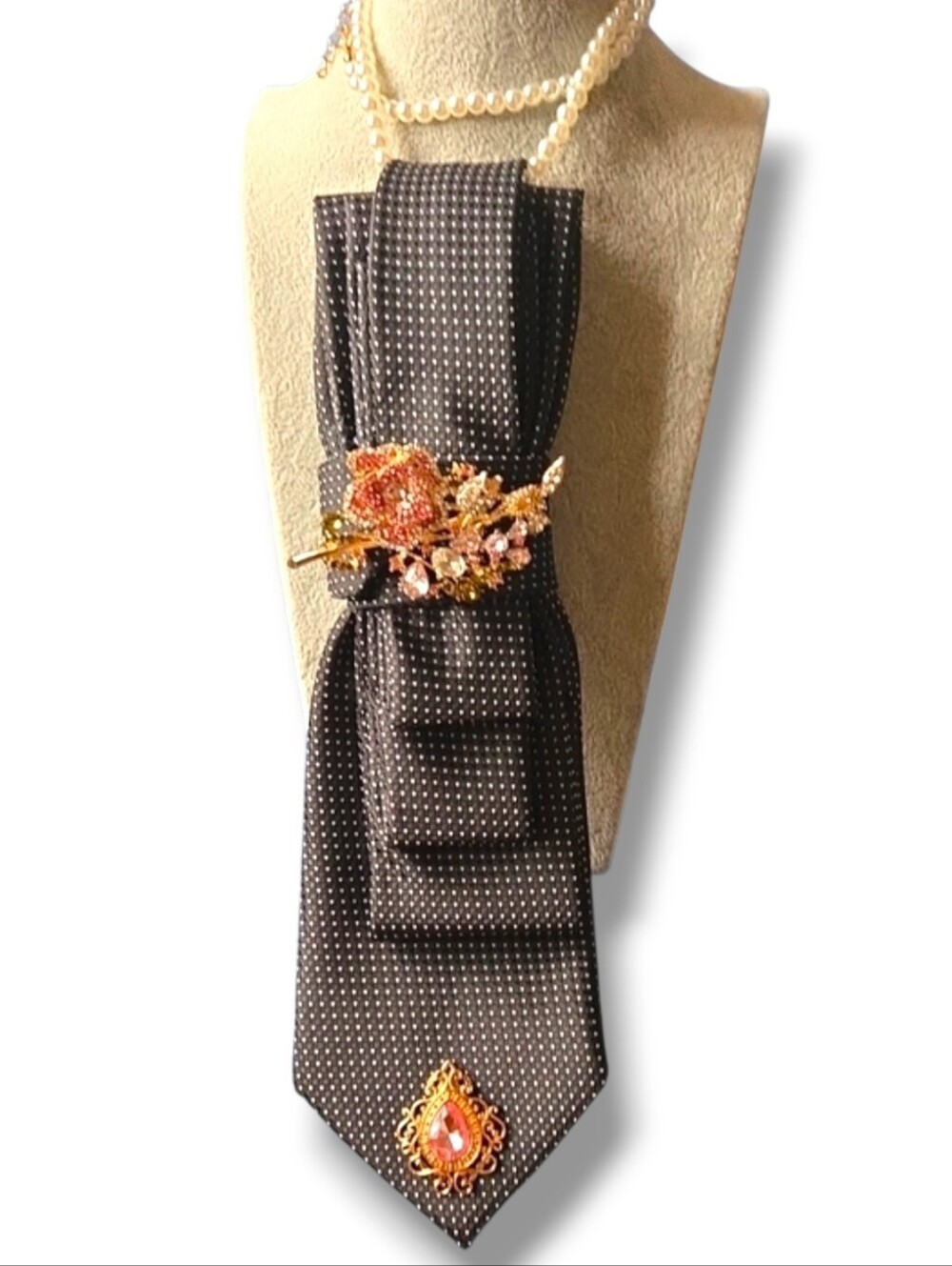 3/$60 Black and White Polka Dot Cravat with Gold-Pink Floral Brooch